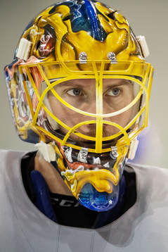 Goaltender Jacob Markström of Sweden at a practice session