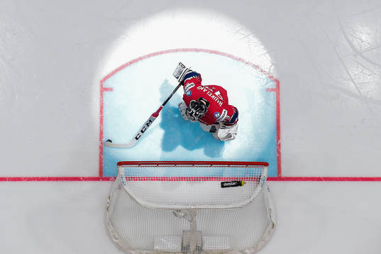 Goaltender Henrik Haukeland of Norway looks dejected