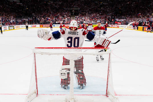 Goaltender Simon Hrubec of Czech Republic celebrates