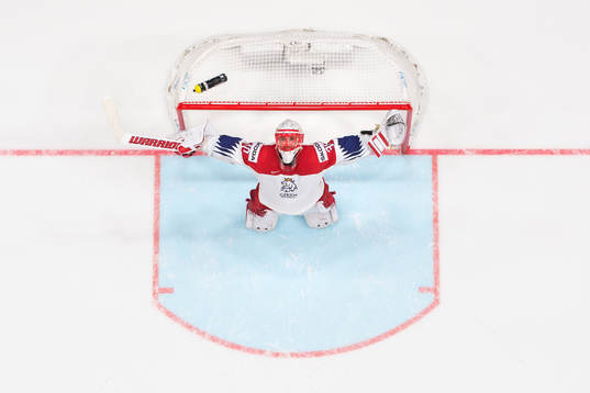 Goaltender Simon Hrubec of Czech Republic celebrates at the