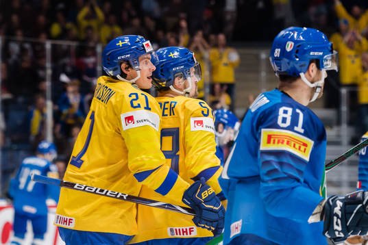 Loui Eriksson and Anton Lander of Sweden celebrates