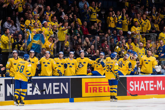 Anton Lander and Oskar Lindblom of Sweden celebrates