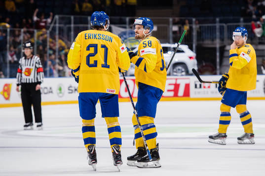 Loui Eriksson and Anton Lander of Sweden celebrates