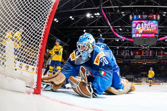 Goaltender Marco de Filippo Roia of Italy looks dejected