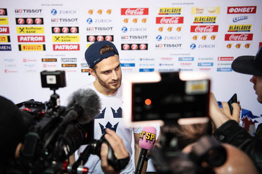 Alexander Wennberg of Sweden is being interviewed by media