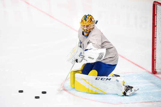 Goaltender Jacob Markström of Sweden at a practice session