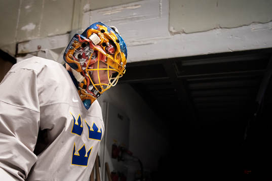 Goaltender Jacob Markström of Sweden at a practice session