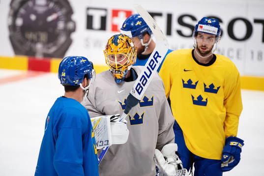 Goaltender Jacob Markström of Sweden at a practice session