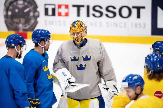 Goaltender Jacob Markström of Sweden at a practice session