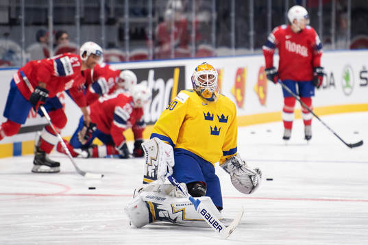 Goaltender Henrik Lundqvist of Sweden at warm-up