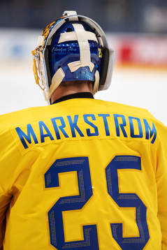 Goaltender Jacob Markström of Sweden at warm-up
