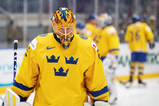 Goaltender Jacob Markström of Sweden at warm-up