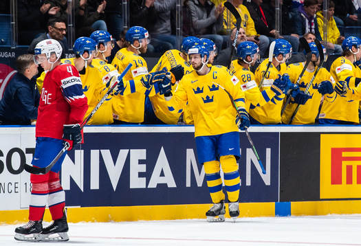 Oliver Ekman Larsson of Sweden celebrates the 0-5 goal