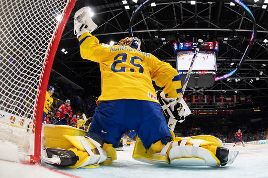 Goaltender Jacob Markström of Sweden makes a save