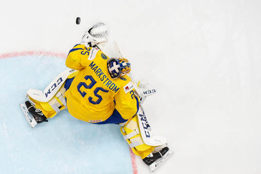 Goaltender Jacob Markström of Sweden makes a save