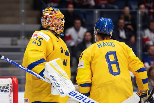 Goaltender Jacob Markström and Robert Hägg of Sweden
