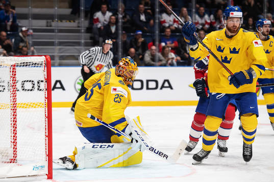 Goaltender Jacob Markström and Adam Larsson of Sweden