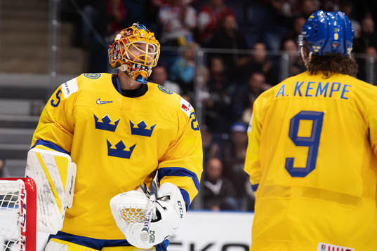 Goaltender Jacob Markström and Adrian Kempe of Sweden