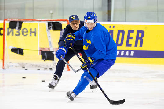 Assistant coach Peter Popovic and Elias Pettersson of