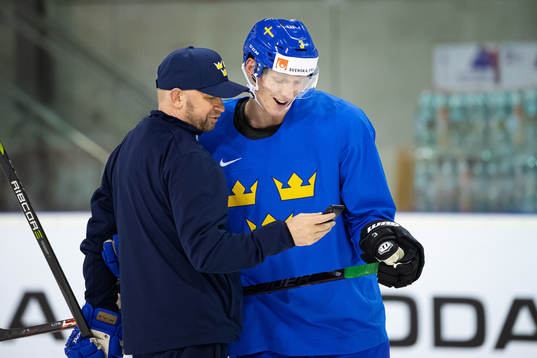 Goalie coach Stefan Ladhe and John Klingberg of Sweden at a