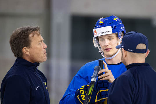 Assistant coach Johan Garpenlöv and Elias Pettersson of