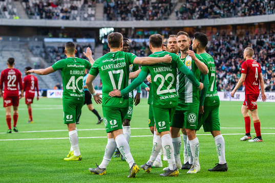 Hammarbys spelare jublar med Muamer Tankovic