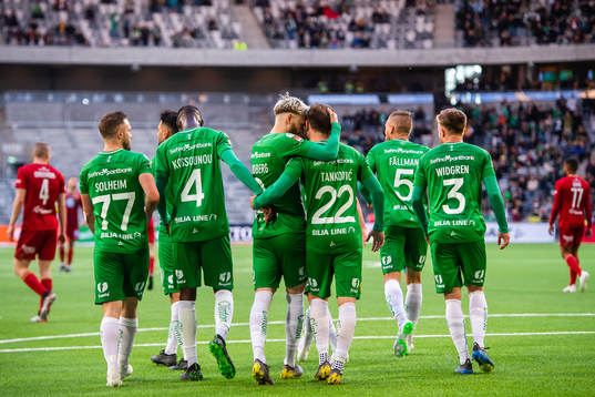 Hammarbys spelare jublar med Muamer Tankovic