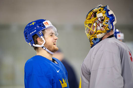 William Nylander and goaltender Jacob Markström of Sweden