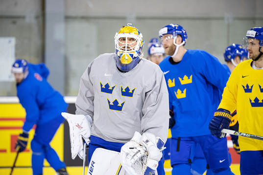 Goaltender Henrik Lundqvist of Sweden at a practice session