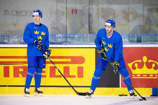 Elias Pettersson and Alexander Wennberg of Sweden at a