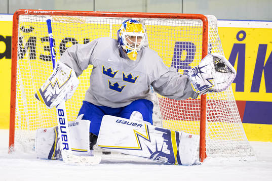 Goaltender Henrik Lundqvist of Sweden at a practice session