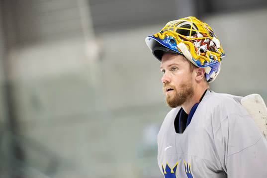 Goaltender Jacob Markström of Sweden at a practice session