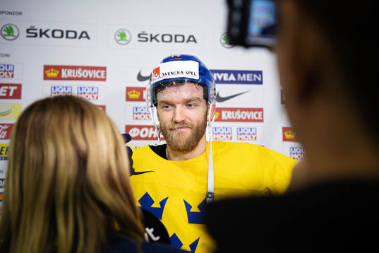 Mattias Ekholm of Sweden is being interviewed by media