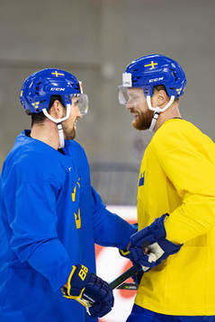 Erik Gustafsson and Adam Larsson of Sweden at a practice