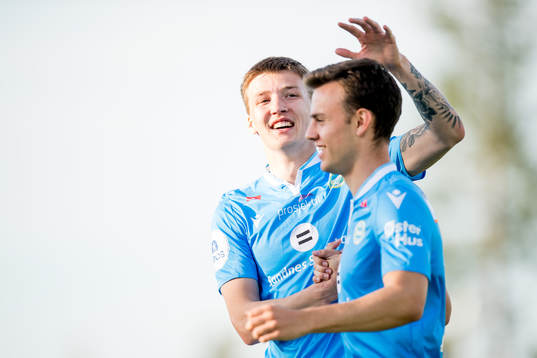 Axel Kryger and Adrian Berntsen of Sandnes Ulf celebrate