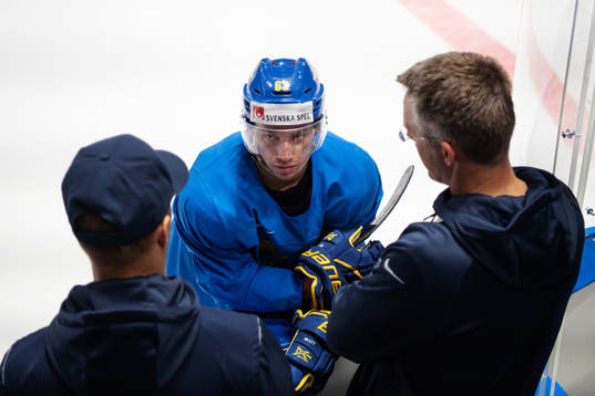 Jesper Bratt of Sweden in talks with doctor Peter Ström at