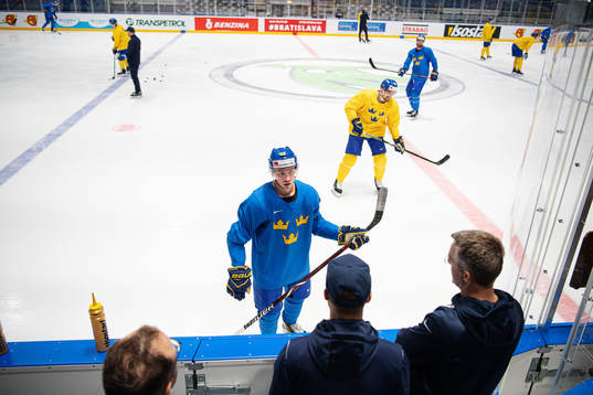Jesper Bratt of Sweden in talks with doctor Peter Ström at