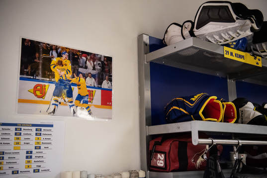 A celebratory photo is seen next to the changing area of