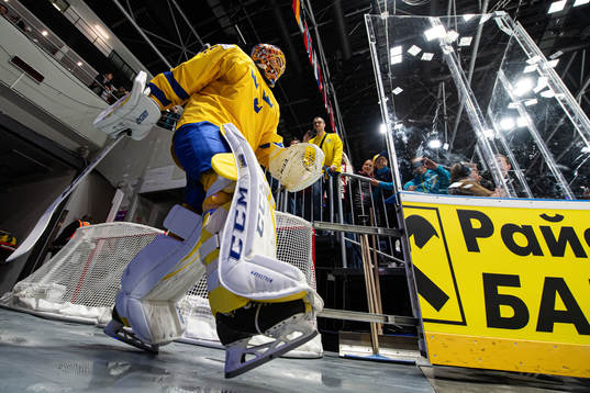 Goaltender Jacob Markström of Sweden enters the ice for