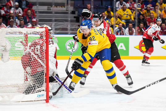 Gabriel Landeskog of Sweden scores 1-0 behind goaltender