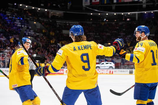John Klingberg, Adrian Kempe and Mattias Ekholm celebrates