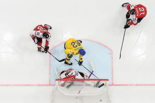 Gabriel Landeskog of Sweden scores 1-0 behind goaltender
