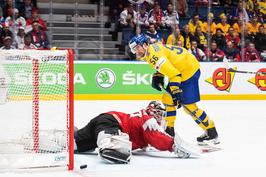 goaltender Bernhard Starkbaum of Austria with a save