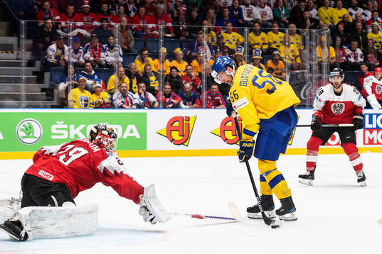 goaltender Bernhard Starkbaum of Austria with a save