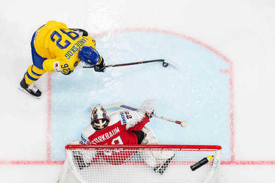 Gabriel Landeskog of Sweden scores 1-0 behind goaltender