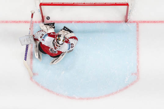 Goaltender Bernhard Starkbaum of Austria looks dejected