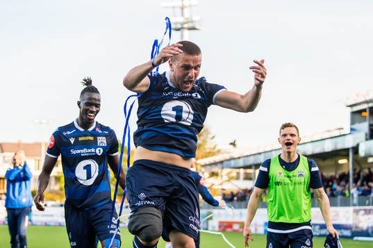 Flamur Kastrati of Kristiansund celebrates