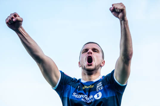Flamur Kastrati of Kristiansund celebrates