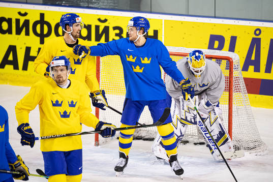 Erik Gustafsson and William Nylander of Sweden at a