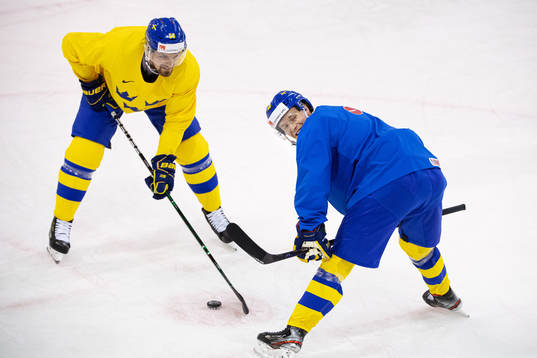 Anton Lander and Elias Pettersson of Sweden at a practice